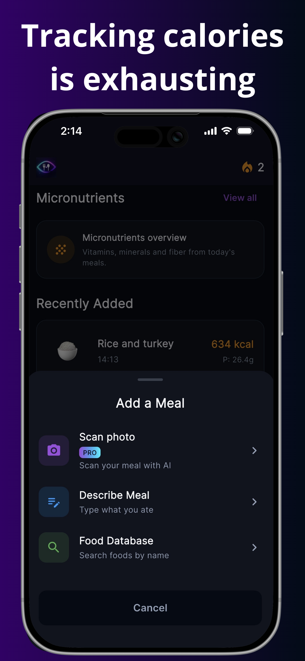 Vyka add a meal — AI scan, describe in text, or pick from your saved foods