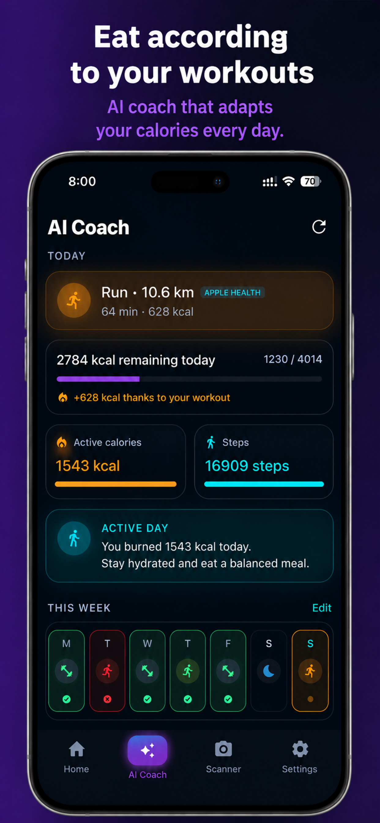 Vyka AI Coach daily view — eat according to your workouts with Apple Health sync