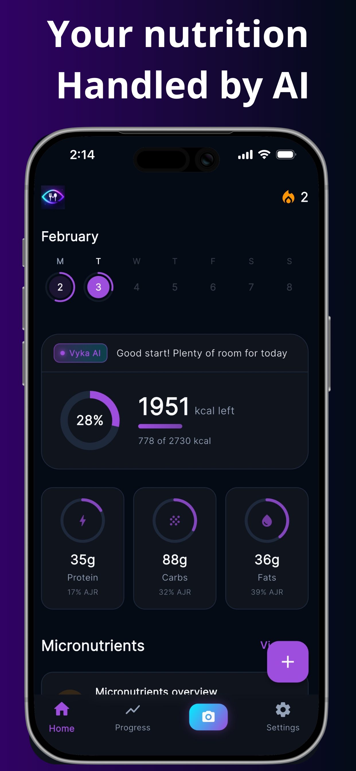Vyka nutrition dashboard — calories, macros and micronutrients handled by AI